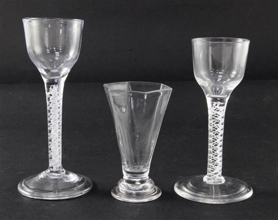 Two opaque twist stem semi cordial glasses and a jelly glass, late 18th century, 9.5 - 15cm